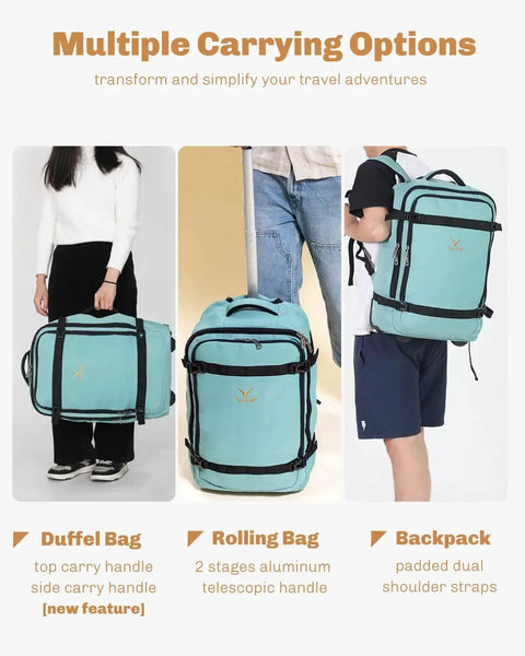 Rolling Backpack 42L With Wheels Airline Approved Carry On Luggage Laptop Travel Bag Mint Green shown as duffel, rolling bag, backpack