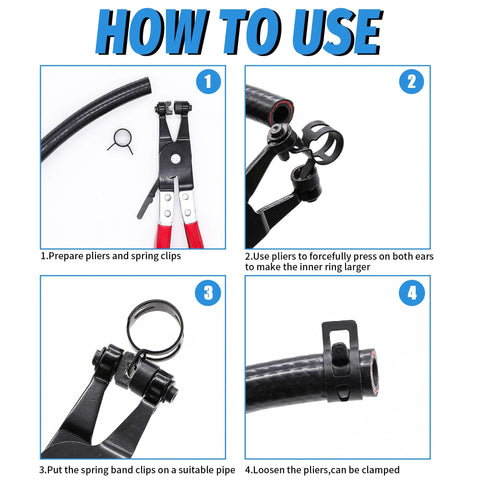 PEROMI 130Pcs hose clamp kit instruction diagram with four panels showing pliers, spring clips, and clamps.