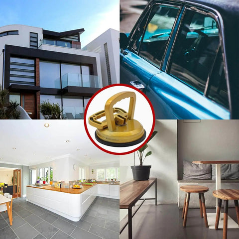 Collage featuring Workhorse Heavy Duty Aluminum Suction Cup with Handle for Glass and Tile Lifting, ideal for various surfaces.