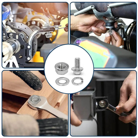 Collage of 3/8-16 Stainless Steel Flange Bolts Kit, 112 Pieces With Washers And Serrated Flange Nuts in use for DIY tasks