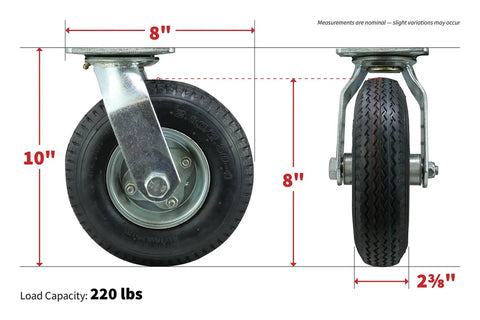 8 Inch Pneumatic Caster Wheel With Swivel Plate And Ball Bearing Steel Hub Five Eighths Inch Bore 220 Pound Load Capacity