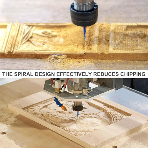 CNC machine using 5 Pack Tapered Ball Nose End Mills For CNC Router Bits to carve detailed wood design.