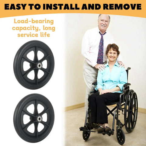 4 Pcs Replacement Wheelchair Wheels 8 Inch Universal Anti Slip Casters For Wheelchairs Walkers Rollators Black next to people.