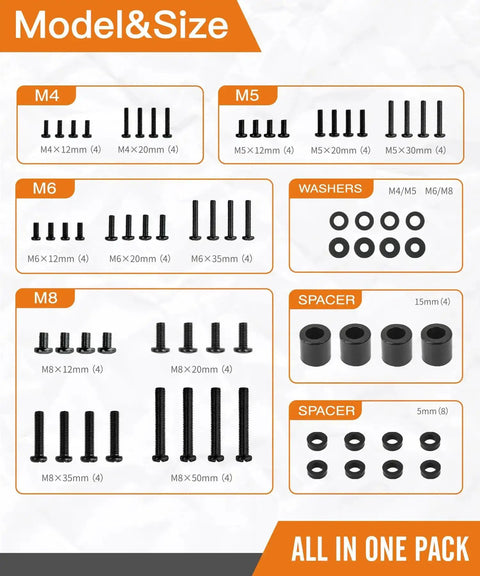 All In One TV Wall Mount Hardware Kit With Box M4 M5 M6 M8 Screws Washers Spacers For VESA Mounting Replacement Set contents