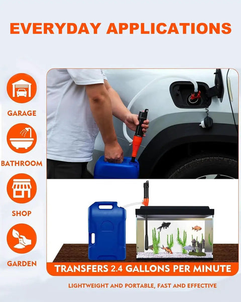 Portable Battery Powered Siphon Pump For Gas Diesel Water Transfer 2.4 GPM in use with a car and aquarium tank