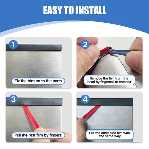 Self Adhesive U Channel Edge Trim Made From EPDM Rubber installation steps on sheet metal, showing easy step-by-step application.
