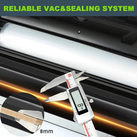 Close-up of Pro Home Vacuum Sealer with Built In Cutter and Bag Storage demonstrating precise sealing with gauge measurements.