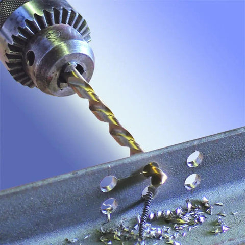 No 29 Wire Gauge Drill Bit For Stainless Steel And Hard Metals Plastic And Wood M2 High Speed Steel in action drilling through metal.