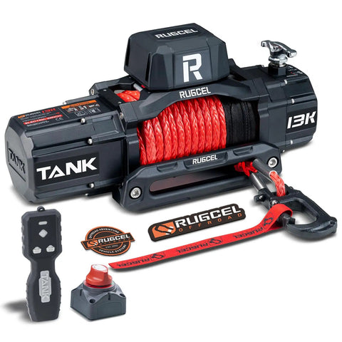Beast 13500Lb Waterproof Electric Winch With Synthetic Rope 12V For Truck And SUV Hawse Fairlead 2 In 1 Infrared Remote And Wired Control Red Rope Off Road Ready displayed with remote and wireless control.