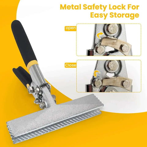 6 Inch Hand Seamer With Straight Jaw for sheet metal, showing metal safety lock mechanism for easy storage