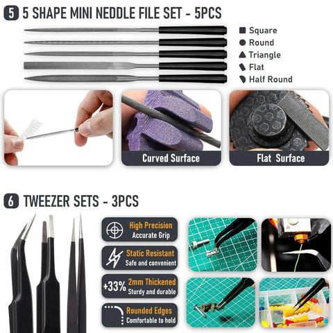 5 Shape Mini Needle File Set and Tweezer Sets from All In One 3D Printer Tools Kit For Finishing And Maintenance 56 Essential Tools