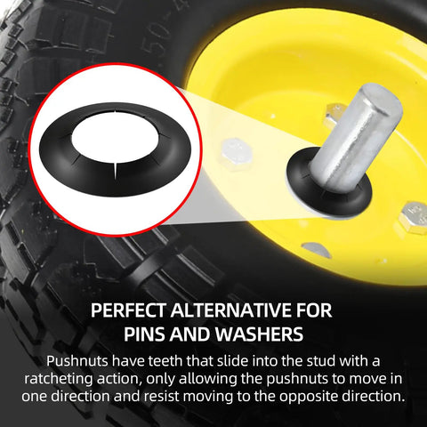 Close-up of Eight Pack Spring Steel Push-On Push Nuts For Dolly Wheels Fits Five Eighths Inch Dolly Axle Rods With Oiled Phosphate Finish