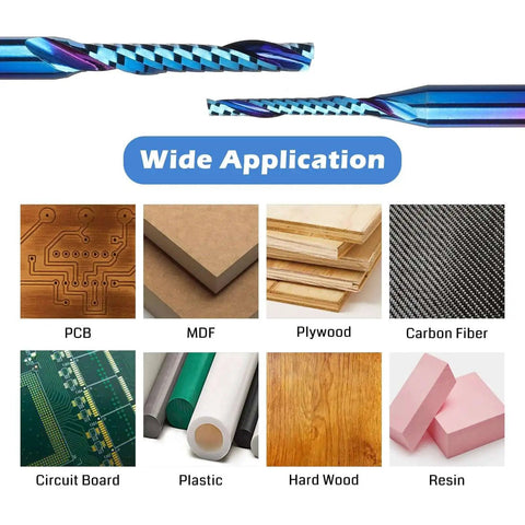 Ten Piece One Eighth Inch Shank Carbide Spiral O Flute End Mills Set For CNC Router Bits Nano Blue Coat Genmitsu OS10A applications