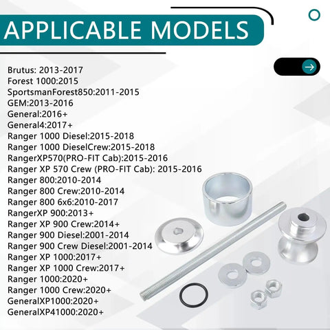 Durable High Grade Steel Wheel Bearing Removal Tool components for 40 and 44 mm bearings, compatibility list with UTV models.