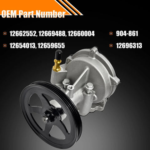 Brake vacuum pump 904-861 for Cadillac Escalade and GM SUVs; silver housing, black pulley, brass port