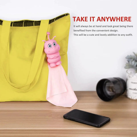 Portable Microfiber Cloth With Bag Charm And Keychain Glasses And Screens Pink hanging on yellow bag