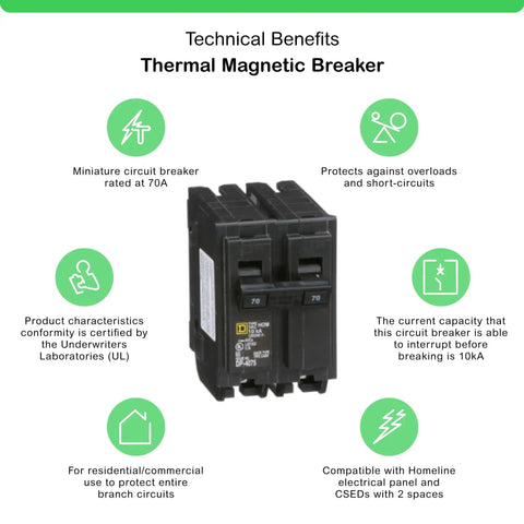 70 Amp Two Pole Mini Circuit Breaker For Home Use 120 240 Volt AC 10kA Breaking Capacity Plug In Mount Standard Type