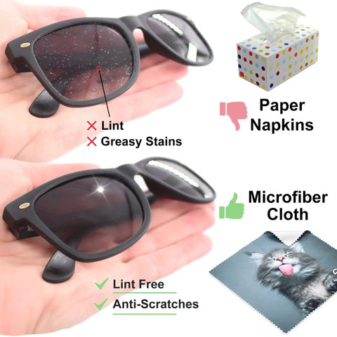 Comparison of sunglasses cleaned with paper napkins and Set Of 6 Microfiber Cleaning Cloths For Glasses, showing lint-free and anti-scratch result.