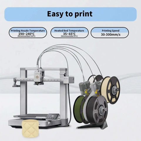 3D printer setup with Matte Beige PLA Filament 1.75mm spool for Bambu Lab, showing print settings and multiple filament spools.