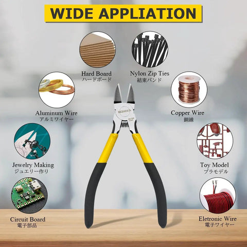 Ultra Sharp 6.5 Inch Wire Cutter For Jewelry Making And Crafting, Spring Loaded Flush Cut Pliers displayed with wire types and applications.