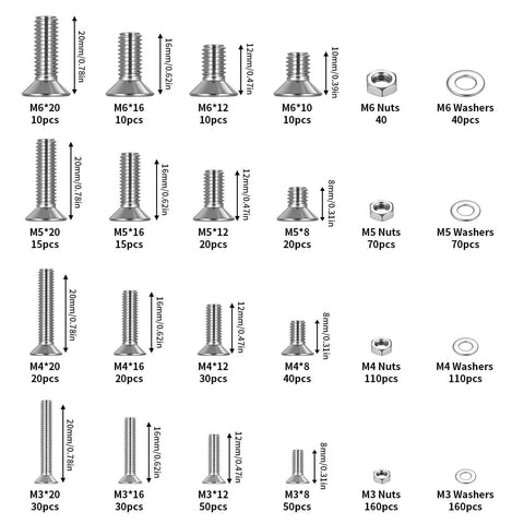Comprehensive M3 M4 M5 M6 M8 Screws Bolts Set With Hex Socket Flat Head Countersunk Hardware 1144 Pieces Including Nuts Washers And Allen Wrench