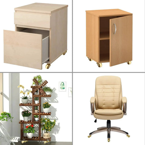 Furniture collage showing 4 Pack Universal Brass Caster Stems Wheels 22mm Heavy Duty Swivel Casters 360 Degree Rotation For Metal Furniture.