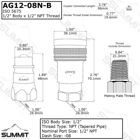 Technical drawing of Two Pack Half Inch ISO 5675 Hydraulic Quick Connect Male Coupler With Ball Valve And Half Inch NPT, dimensions detailed