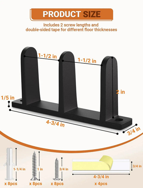 Closet Door Floor Guide Kit 4 Pack For 1-3/8 Inch Doors Universal Fit Keeps Sliding Doors Stable And Quiet On The Track With Durable Plastic Guides Two Mounting Options Includes 8 Screws With Anchors And 4 Adhesive Pads Black, image showing product size and components.