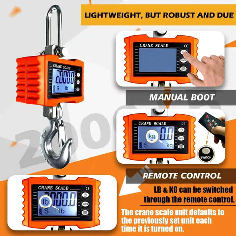 Beefy Digital Crane Scale With 1000 Kg Capacity 2200 Lb High Precision 0.2 Kg Increments Aluminum Case Remote Control CE Certified