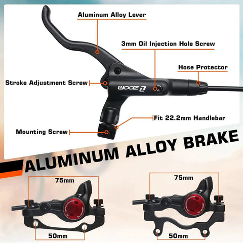 Bucklos MTB hydraulic disc brake set; aluminum alloy levers, front 800mm, rear 1450mm hoses, fits 22.2mm bars