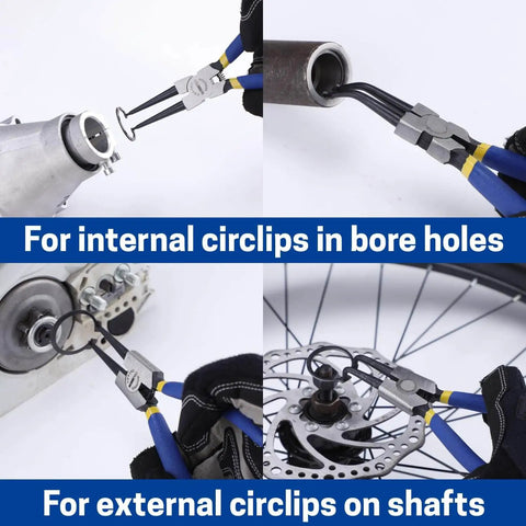 Heavy Duty 7 Inch External Snap Ring Pliers With 45 Degree Bent Jaw For Retaining Ring Removal And Installation CrV Steel Construction Pro Grade Circlip Tool For Machining And Maintenance, showing usage on bore holes and shafts.