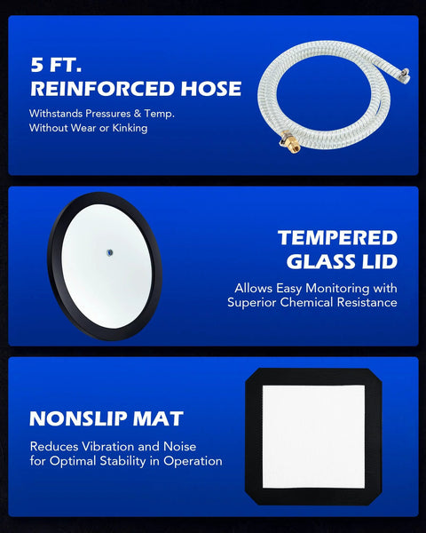 Vacuum hose, 5 ft reinforced, clear flexible hose with brass fittings for Orion Motor Tech chamber kit
Tempered glass lid for vacuum chamber with black rim, enables easy monitoring
Non-slip mat for degassing chamber base, reduces vibration