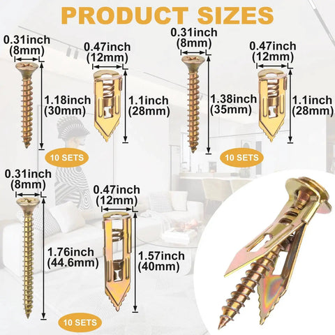 60 Pcs Self Drilling Anchors And Screws Kit For Heavy Duty Wall Mounting No Drill Required With product sizes displayed