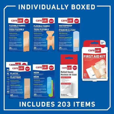 CarePak 203 Piece Bandage Variety Pack With Sheer Waterproof Plastic And Fabric Bandages Rolled Gauze And A 21 Piece First Aid Kit shows boxes with bandages and kit on a blue background.