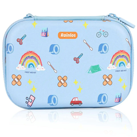 All Purpose Portable Emergency First Aid Kit With 135 Pieces For Home Car Travel Camping And Hiking That Fits In A Purse Diaper Bag Or Backpack, showing a colorful water-resistant EVA case with first aid graphics and zipper closure.
