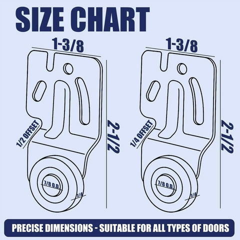 Size chart for Top-Hung Sliding Door Roller Kit With 4 Durable Wardrobe Wheels For Bypass Closet And Kitchen Doors.