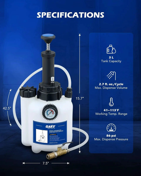 3L Transmission Fluid Pump With 12 ATF Adapters And Pressure Gauge, showing tank capacity and specifications