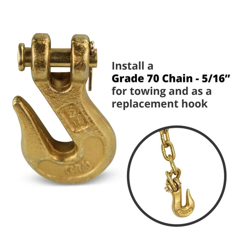 G70 Five Sixteenth Inch Chain Hook Pack Of Four Heavy Duty Clevis Grab Hooks, close-up view showing hook and chain installation