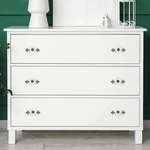 White dresser with Retro Ceramic Cabinet Knobs Set of 4 1-1/4 Inch White Vintage Round Drawer Pulls With Backplates installed