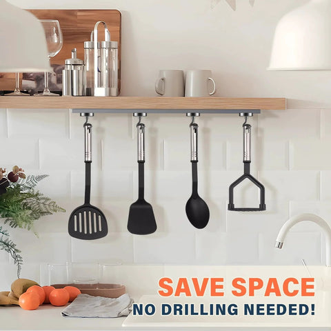 Heavy Duty Magnetic Hooks 80 Lb Capacity With Neodymium Grade 5 Magnets And Steel Construction installed in kitchen holding utensils