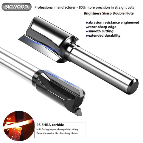 Pro Grade Six Piece Straight Router Bit Set With One Quarter Inch Shank Carbide Tipped Two Flute Bits For Woodworking