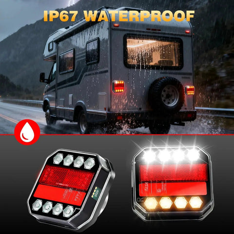 SAKFEP magnetic wireless trailer lights kit installed on an RV/trailer; IP67 waterproof LED brake/turn/tail lights