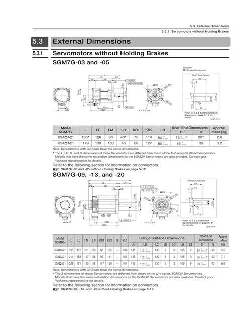 Technical drawing of SGM7G servo motor with brake, model SGM7G-09A7C6C, 850W, showing external dimensions.