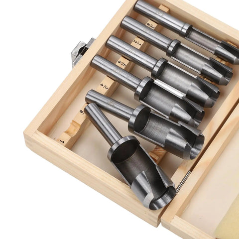 Industrial Deep Plug Cutter Set For Woodworking Six Piece Three Eighths Inch To One Inch Round Shank High Speed Carbon Steel