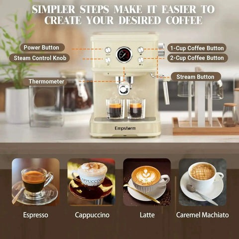 20 Bar Espresso Machine With Milk Frother Steam Wand For Latte And Cappuccino 2 In 1 Espresso Maker Powder And Capsule Portafilter 50 Oz Removable Water Tank White Home Coffee Maker displayed with coffee options.