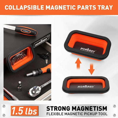 Must Have Versatile Four Piece Magnetic Pickup Tools Kit With Telescoping Extensions From 7 To 30.5 Inches And 5 To 25 Inches Bend It Flexible Magnetic Pickup Tool And Collapsible Parts Tray For Your Garage Workshop And Yard showcasing collapsible magnetic parts tray with strong magnetism.