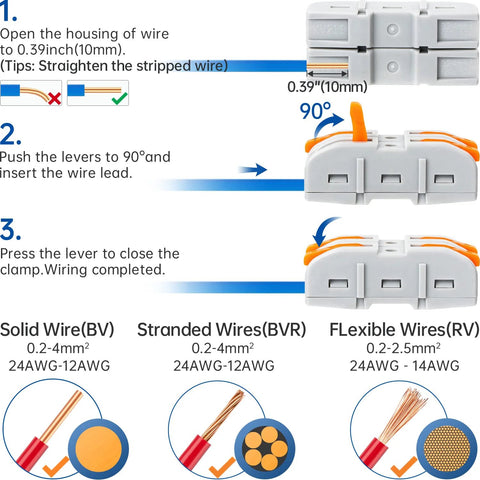 GKEEMARS 50-pcs inline single-conductor wire connectors; gray housings with orange levers for 24-12 AWG wires.