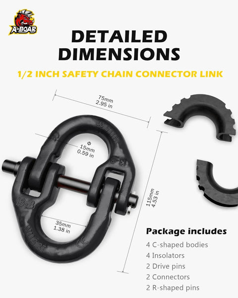 Two Pack Half Inch Safety Chain Connector Links Hammerlock Coupling dimensions diagram with black galvanized drop-forged steel components