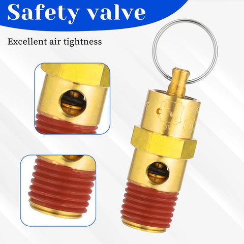 Two brass 1/4-inch male NPT air compressor safety relief valves, red threaded ends (2 pieces)