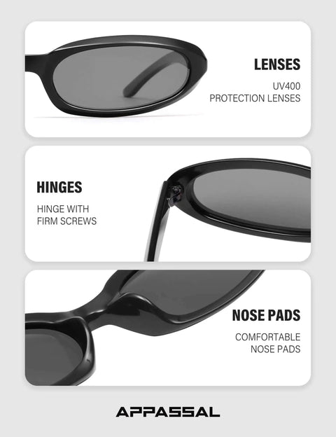 Close-up of Retro Tiny Oval Cat Eye Sunglasses for Women, black frame, UV400 lenses, sturdy hinges, comfortable nose pads.